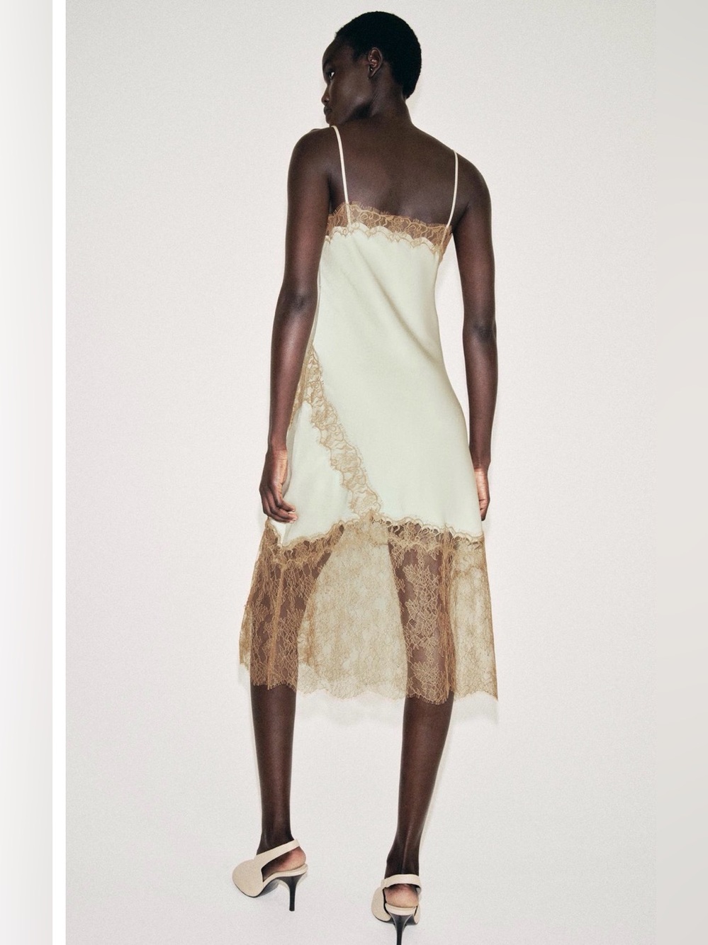 NWT Zara Pale Sea Green Slip Dress with Tan Lace Trim Size Large 2678/048 - Picture 5 of 10